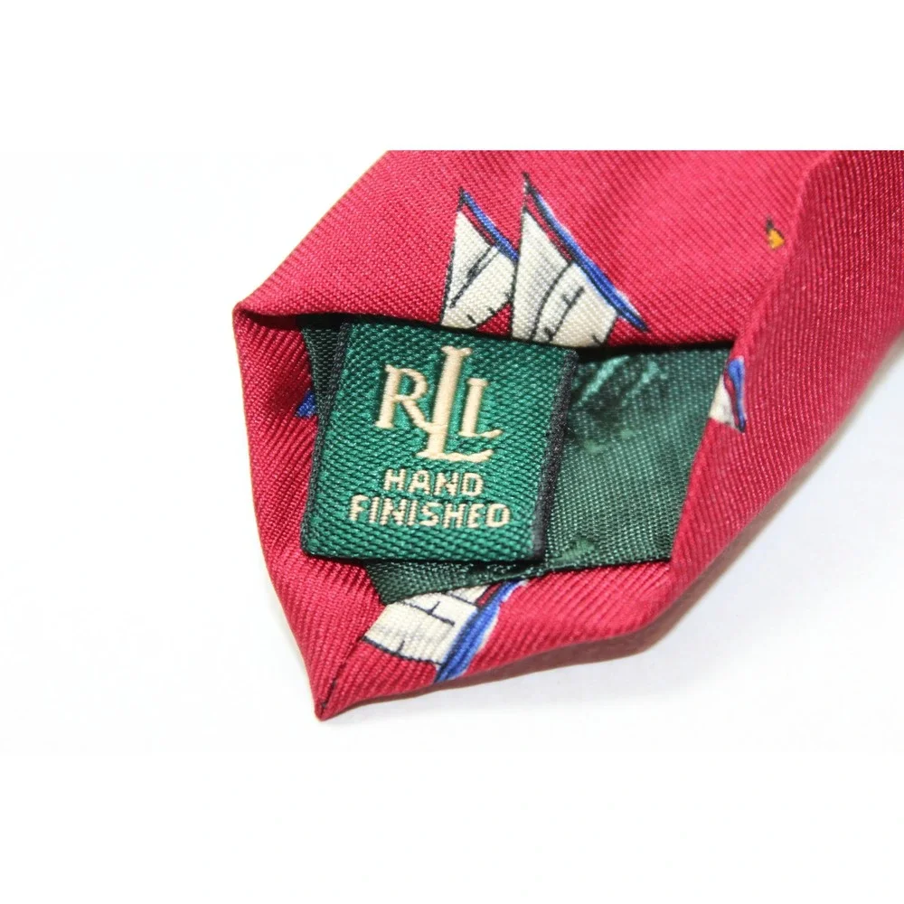 Lauren Ralph Lauren Mens Red Silk Sailboat‎ Nautical Necktie Hand Finished USA